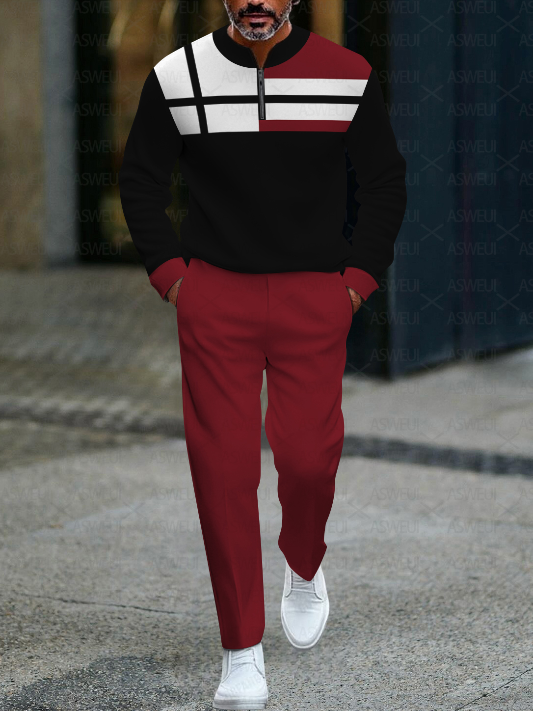 Men's fashion casual geometric print long sleeve zipper two-piece set