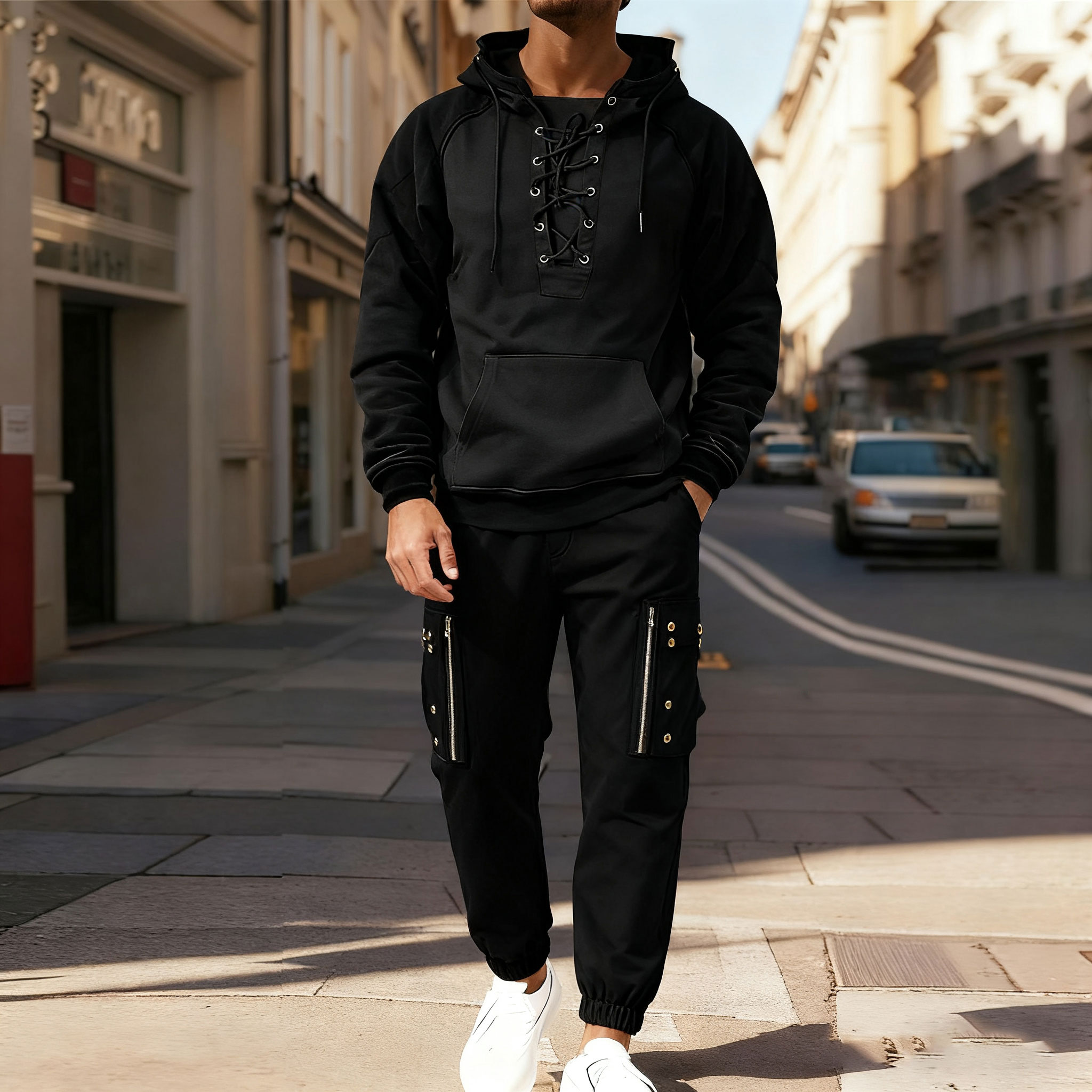 Men's Casual Color Matching Stand-Collar Zipper Long Sleeved Hoodies