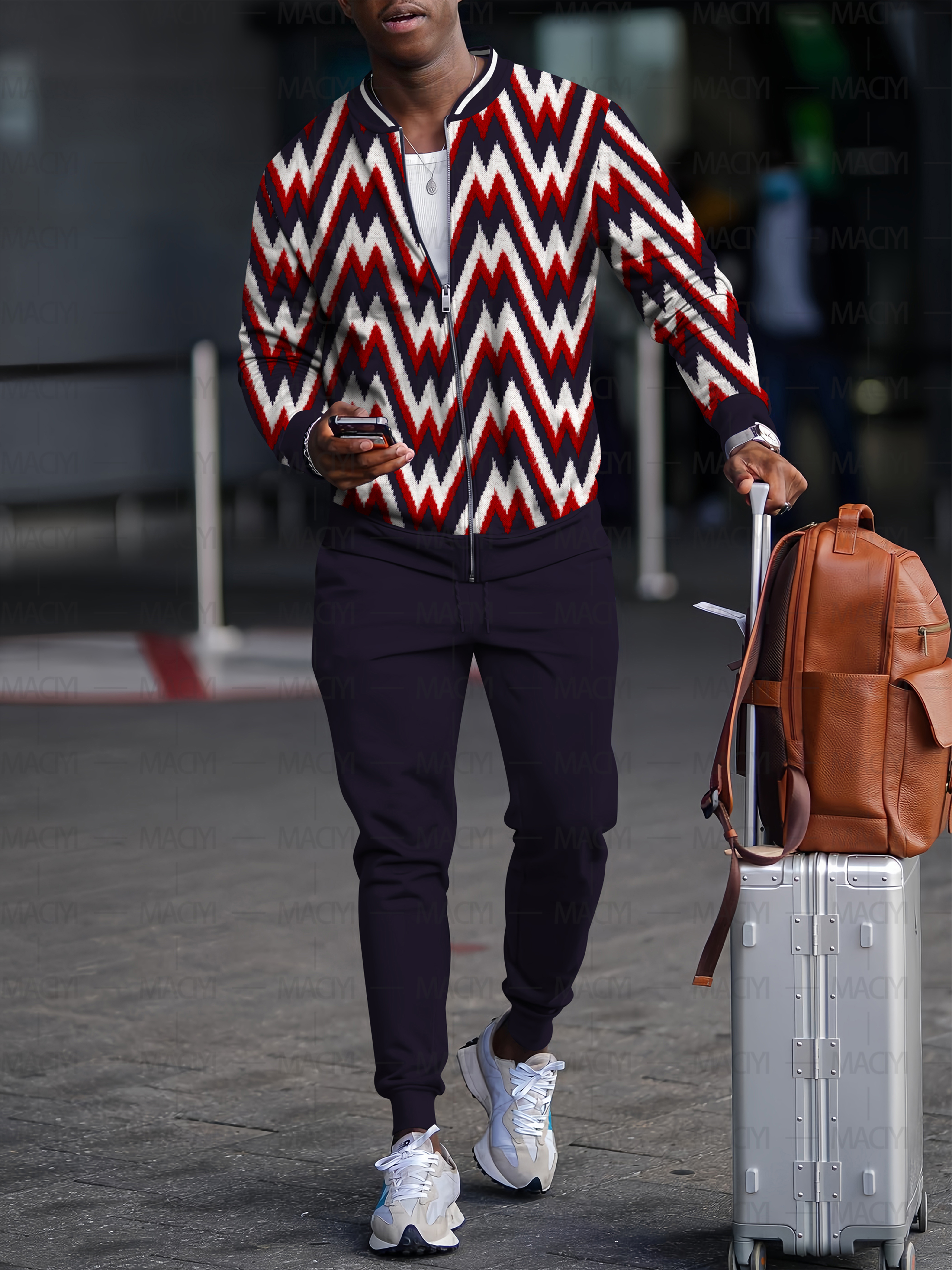 Men's fashion casual geometric print zipper jacket set