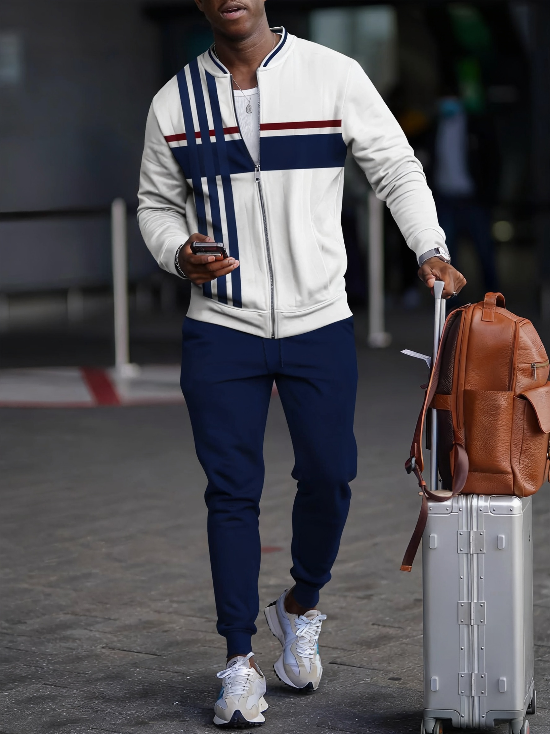 Men's fashion casual geometric print zipper jacket set