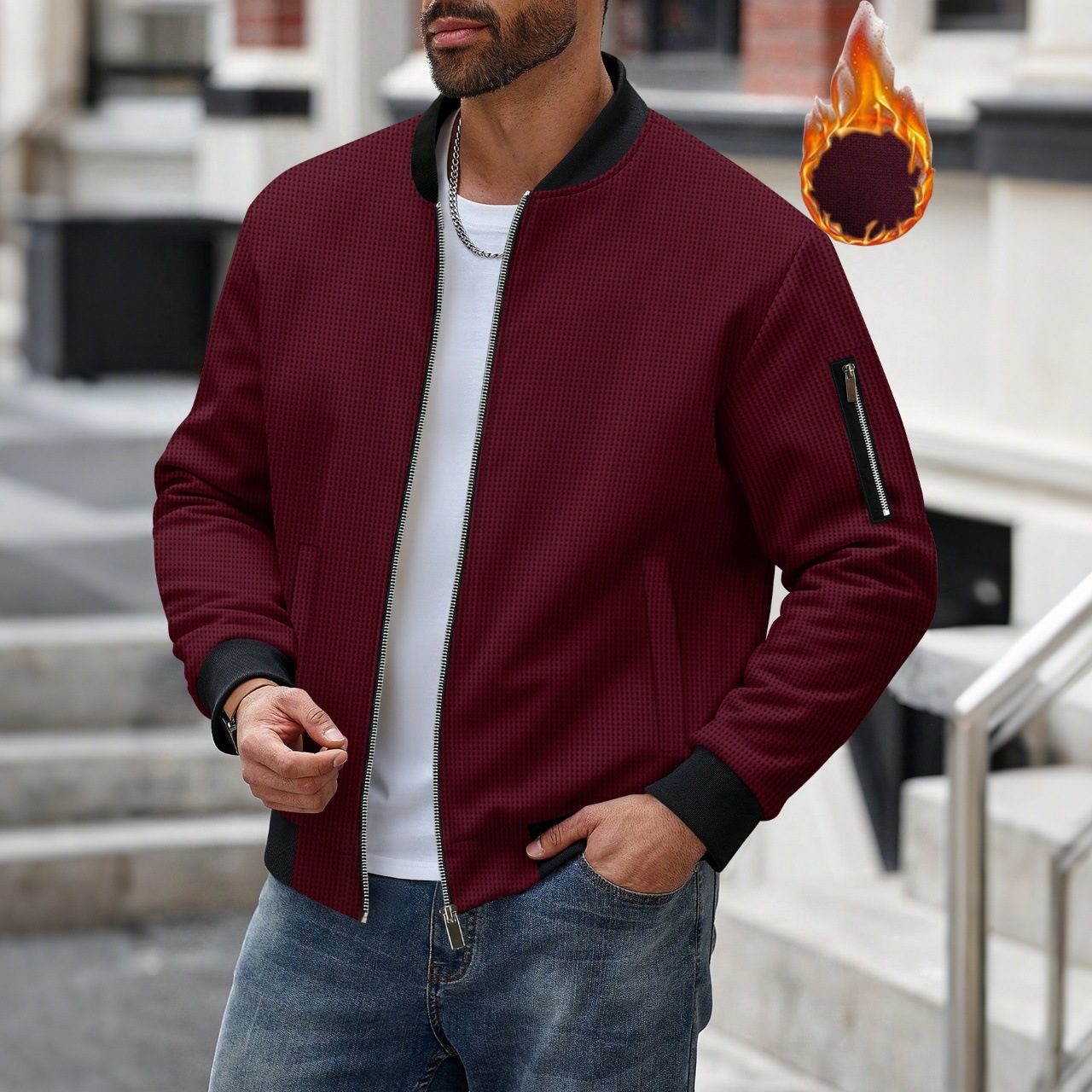 Men's Solid Color Waffle Long Sleeved Jacket
