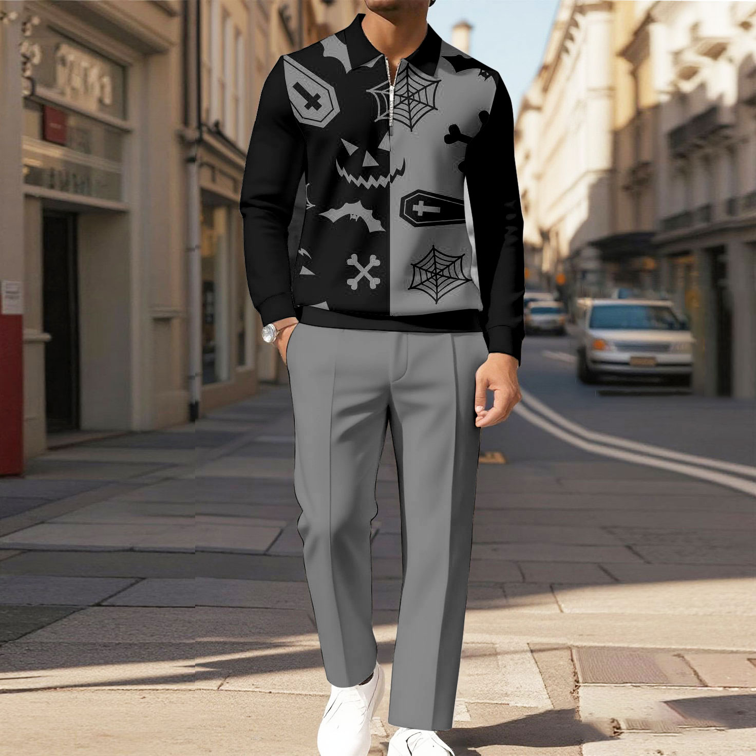 Men's Casual Color Matching Halloween Printed Polo-Collar Zipper Long Sleeved Trousers Two-Piece Set