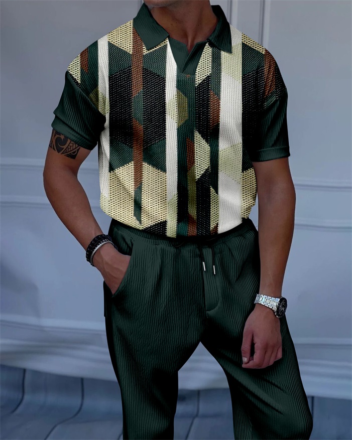 Men's Luxury Casual Textured Polo Short Sleeve Suit - 140