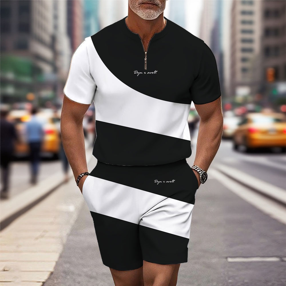 Men's Fashion Casual Round-Neck Geometric Printed Short-Sleeved Two-Piece Set