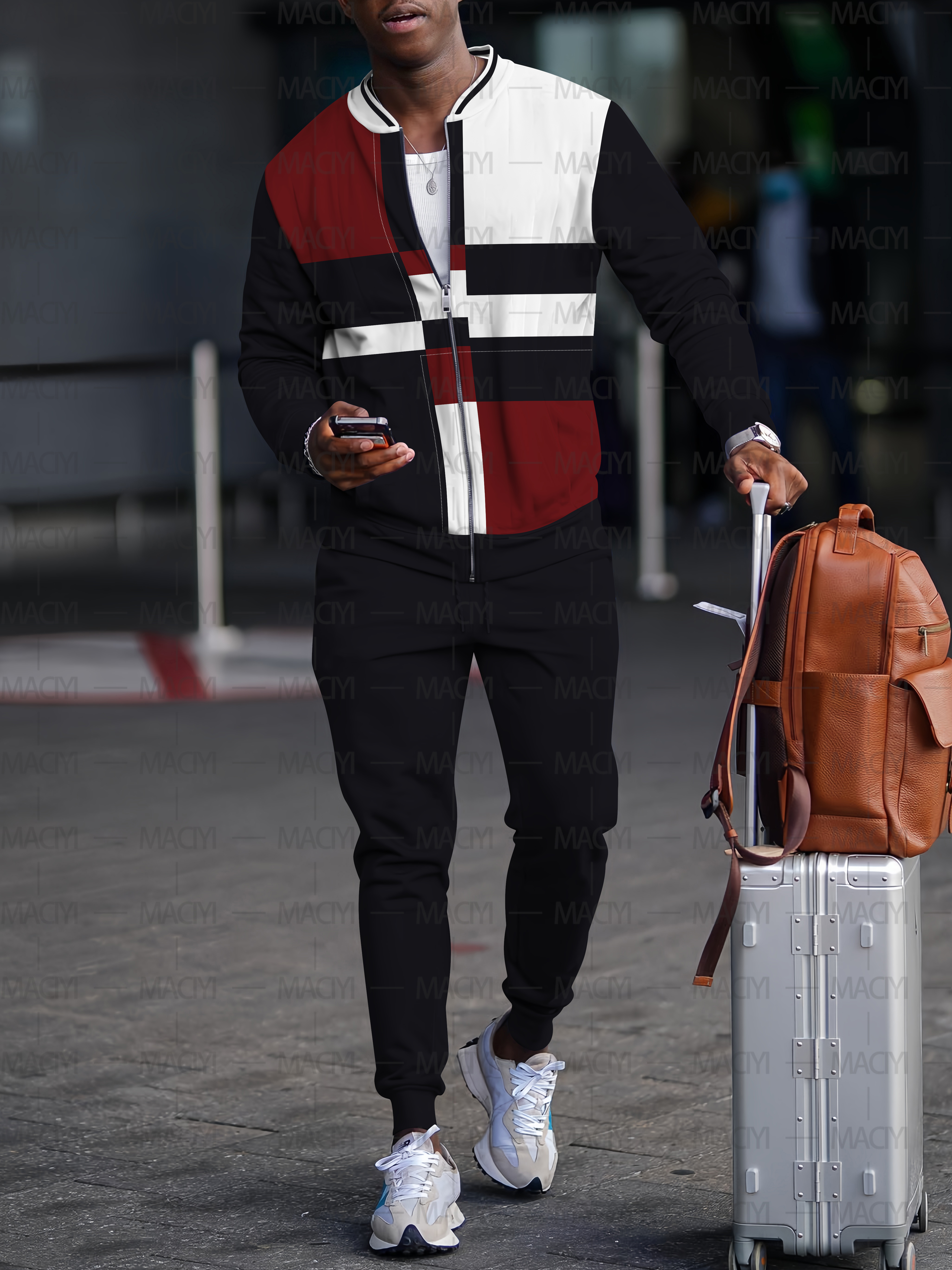 Men's fashion casual geometric print zipper jacket set