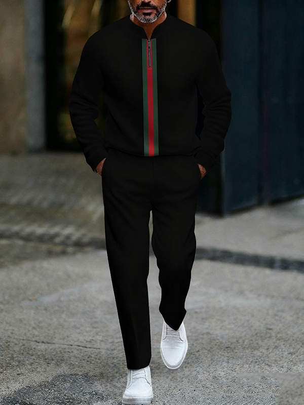 Men's fashion casual geometric print long sleeve zipper two-piece set