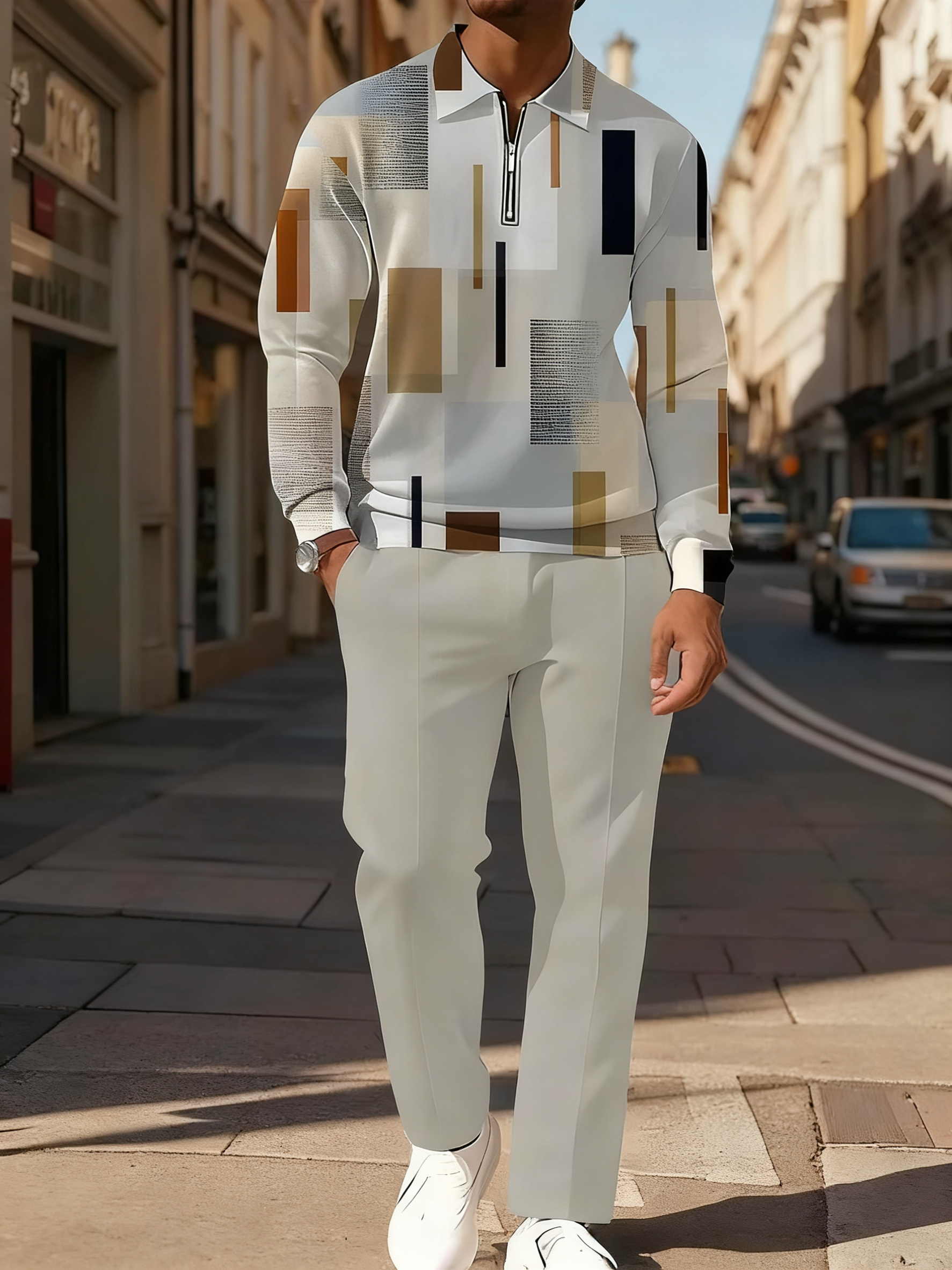 Men's Gray Geometric Stripe Print POLO Long Sleeve Trousers Two-Piece Set