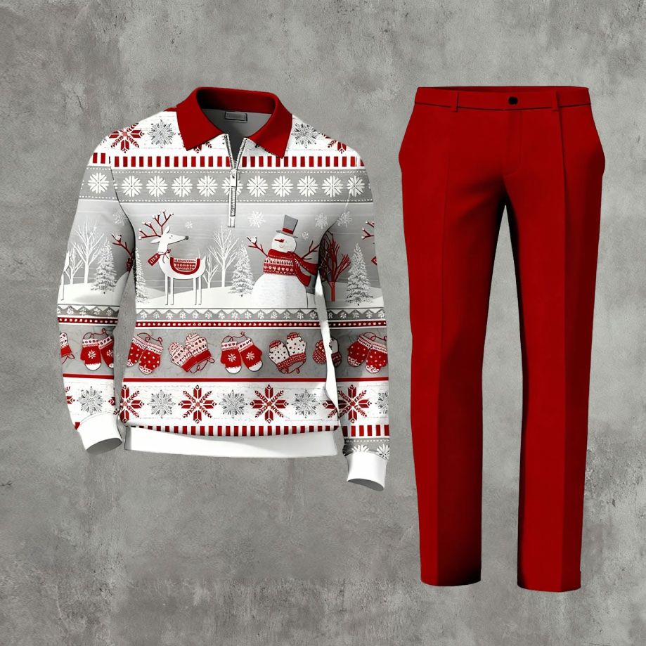 Men's Christmas Color Matching Printed Polo-Collar Zipper Long Sleeved Trousers Two-Piece Set 1204