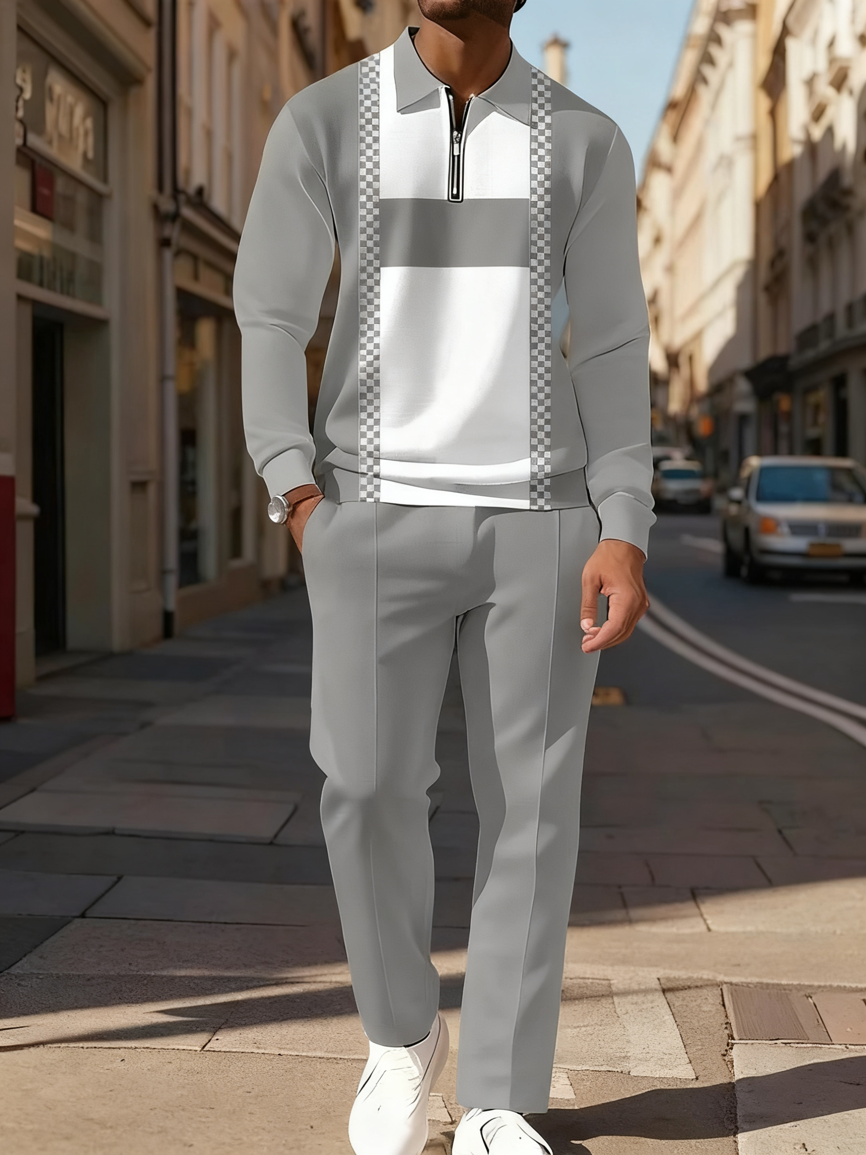 Men's Simple Grey And White Color Block Printed POLO Long-sleeved Trousers Two-piece Set