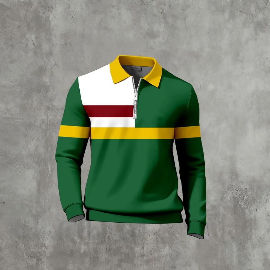 Men's Casual Color Matching Printed Polo-Collar Zipper Long Sleeved T-Shirts