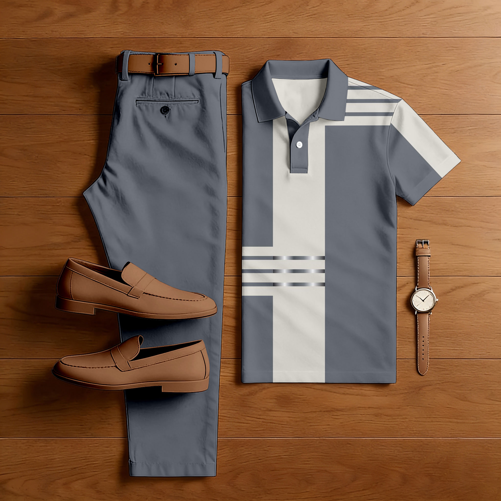 Men's Casual Gray & Khaki Color Matching Geometric Printed Short Sleeved Polo Shirt & Trousers Two-Piece Set