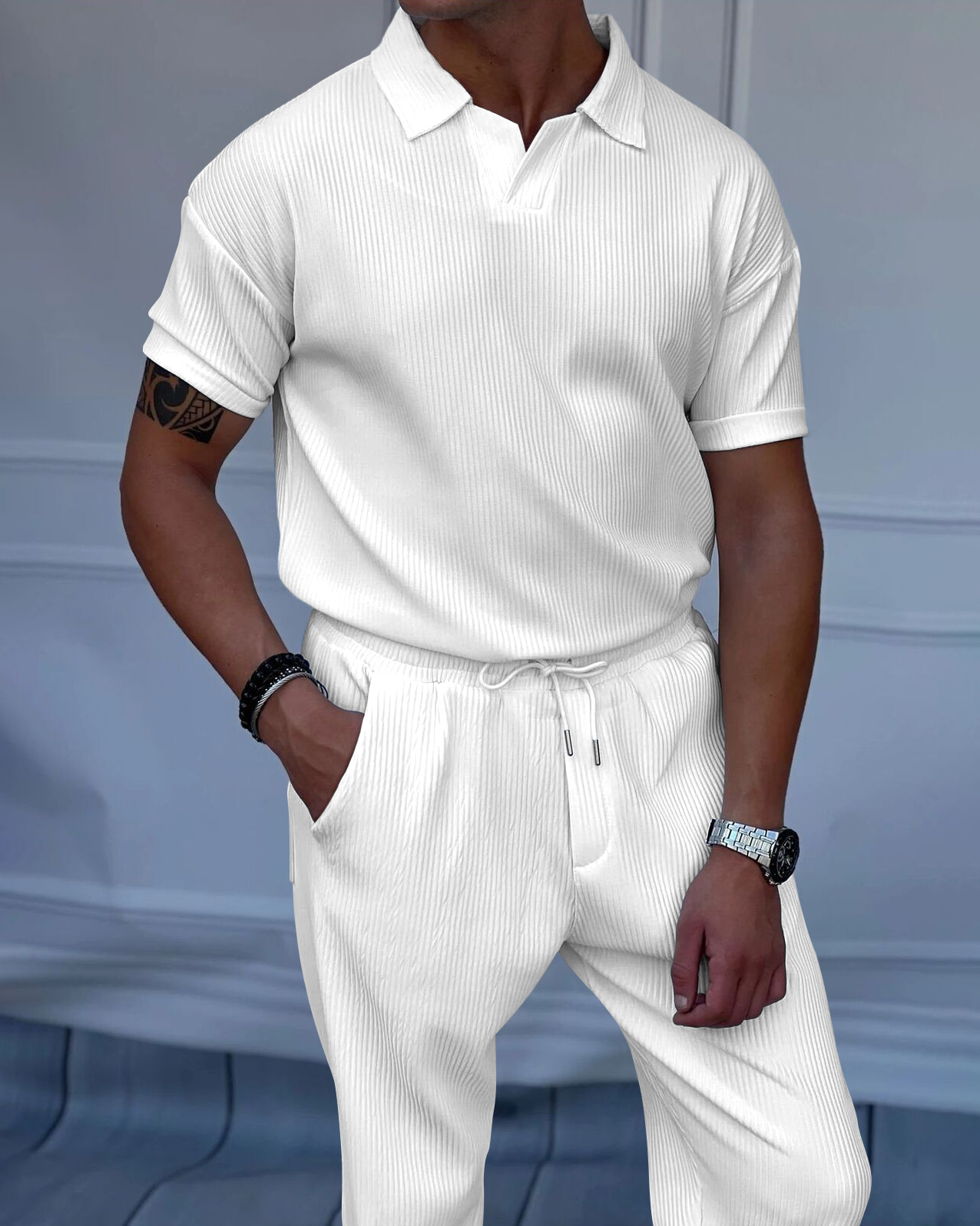 Men's Luxury Casual Textured Polo Short Sleeve Suit - 094
