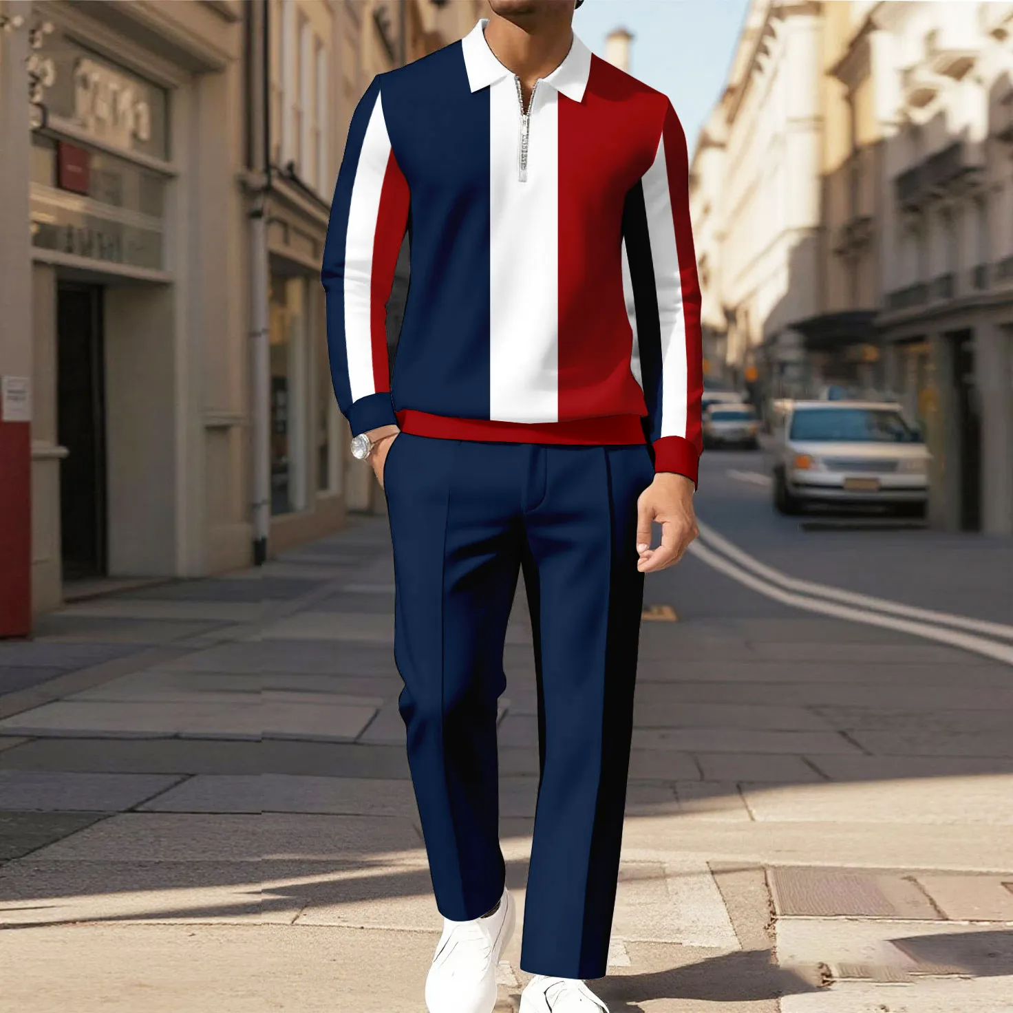 Men's Casual Color Matching Printed Polo-Collar Zipper Long Sleeved Trousers Two-Piece Set 1011