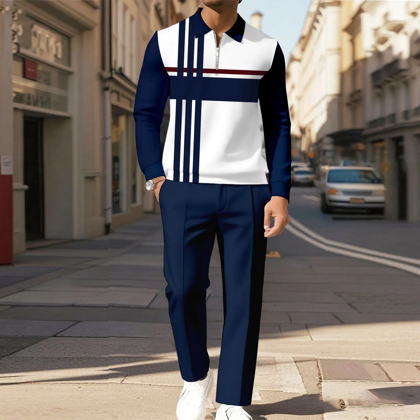 Men's Casual Color Matching Printed Polo-Collar Zipper Long Sleeved Trousers Two-Piece Set 1015