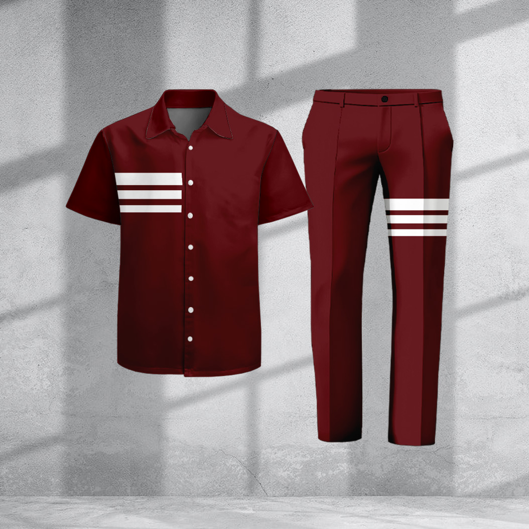 Men's Casual Color Block Striped Print Short-Sleeve Shirt And Pants Two-Piece Set