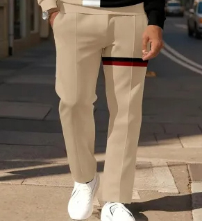 Men's Casual Colorblock Long Sleeve Zip-Up Polo Shirt and Pant Set