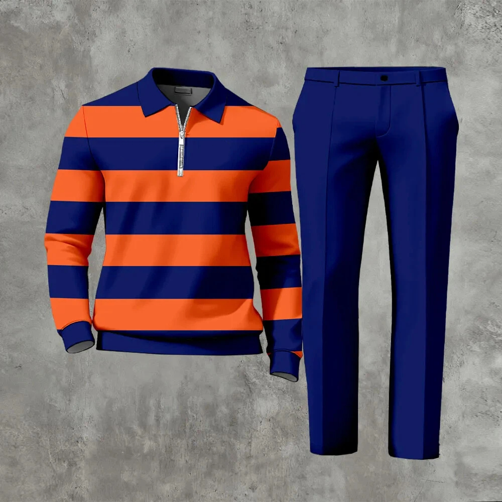 Men's Casual Color Matching Printed Polo-Collar Zipper Long Sleeved Trousers Two-Piece Set