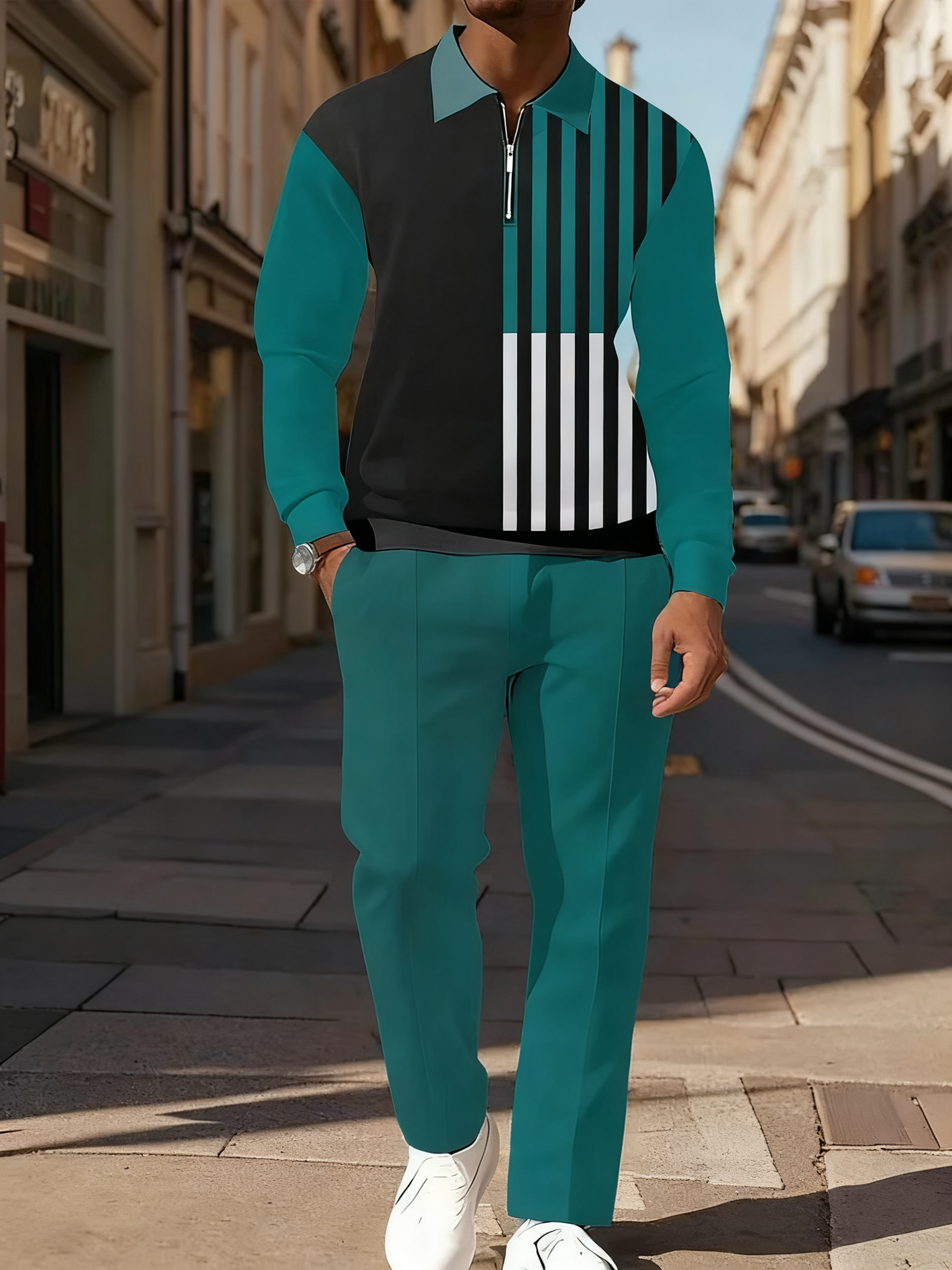 Men's Simple Emerald Green Black White Stripe Printed POLO Long-sleeved Trousers Two-piece Set