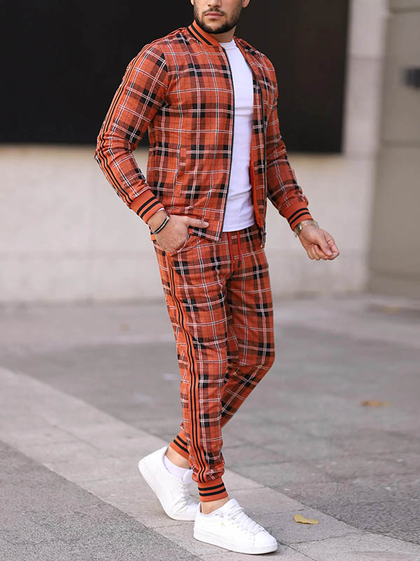 Men's Quilted Thick Plaid Long-Sleeved Jacket Trousers Two-Piece Set