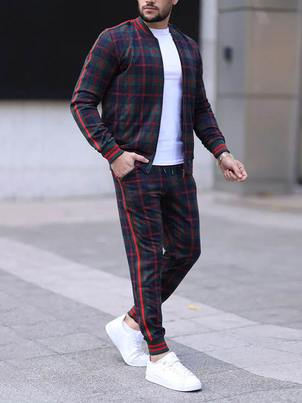 Men's Quilted Thick Plaid Long-Sleeved Jacket Trousers Two-Piece Set