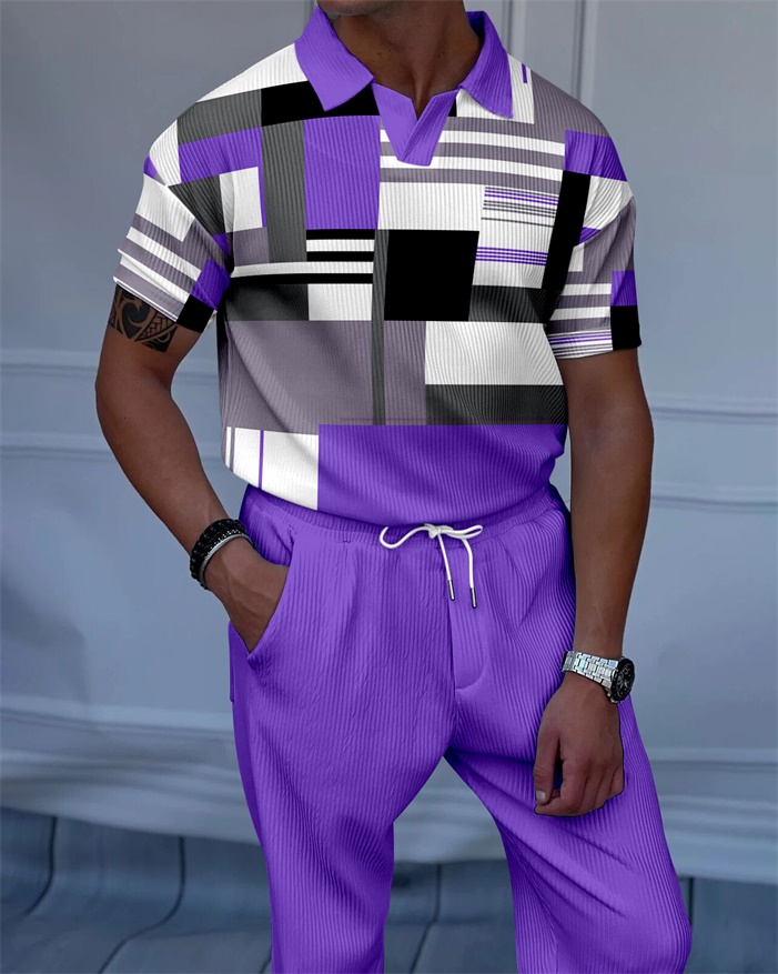 Men's Luxury Casual Textured Polo Short Sleeve Suit - 137