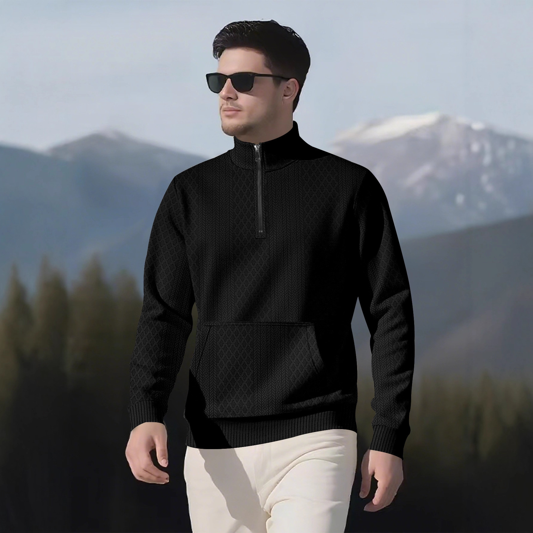 Men's Solid Color Waffle High-Neck Pocket Long Sleeved Sweatshirts