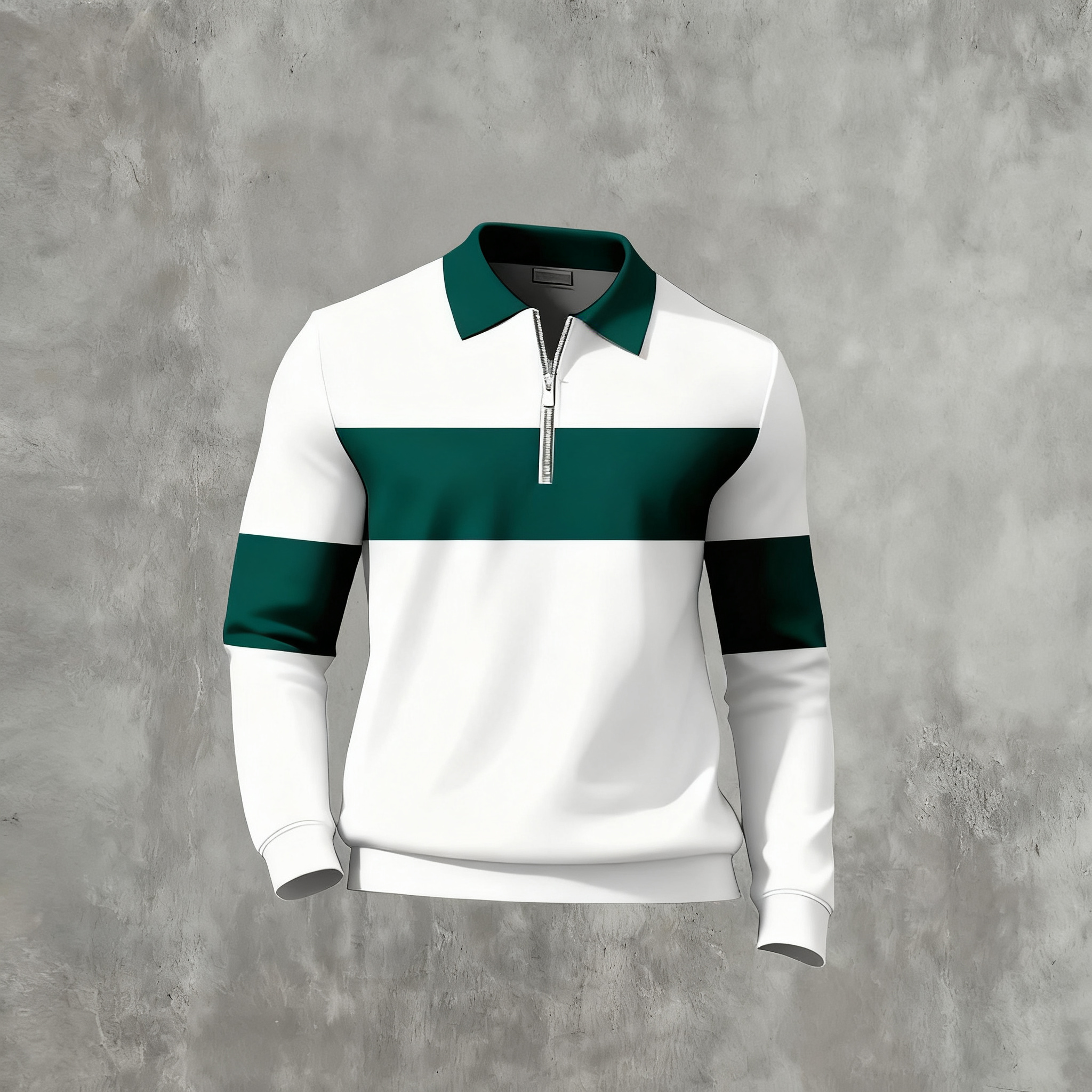 Men's Casual Color Matching Printed Polo-Collar Zipper Long Sleeved T-Shirts