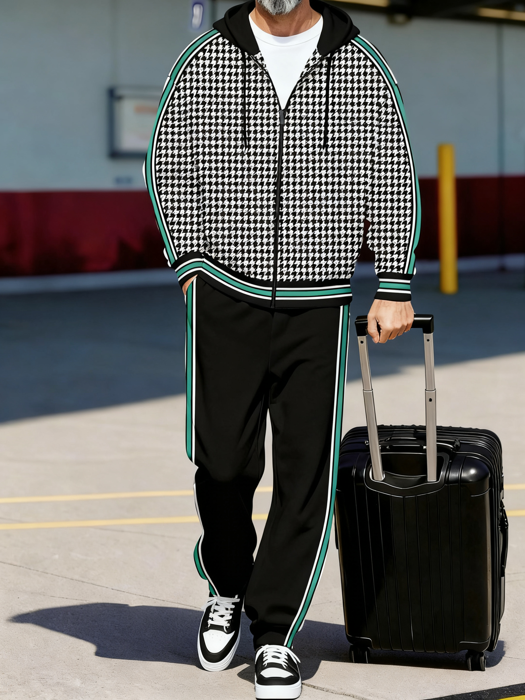 Men's Retro Luxury Thickened Fleece Colorblock Jacket Sports Hoodie Set 07