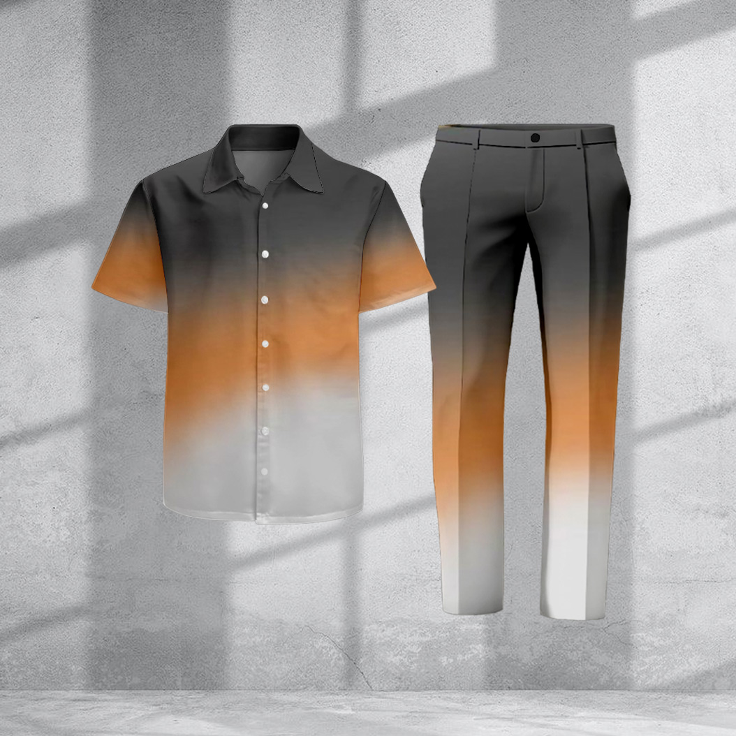 Men's Casual Gradient Print Short-Sleeve Shirt And Pants Two-Piece Set