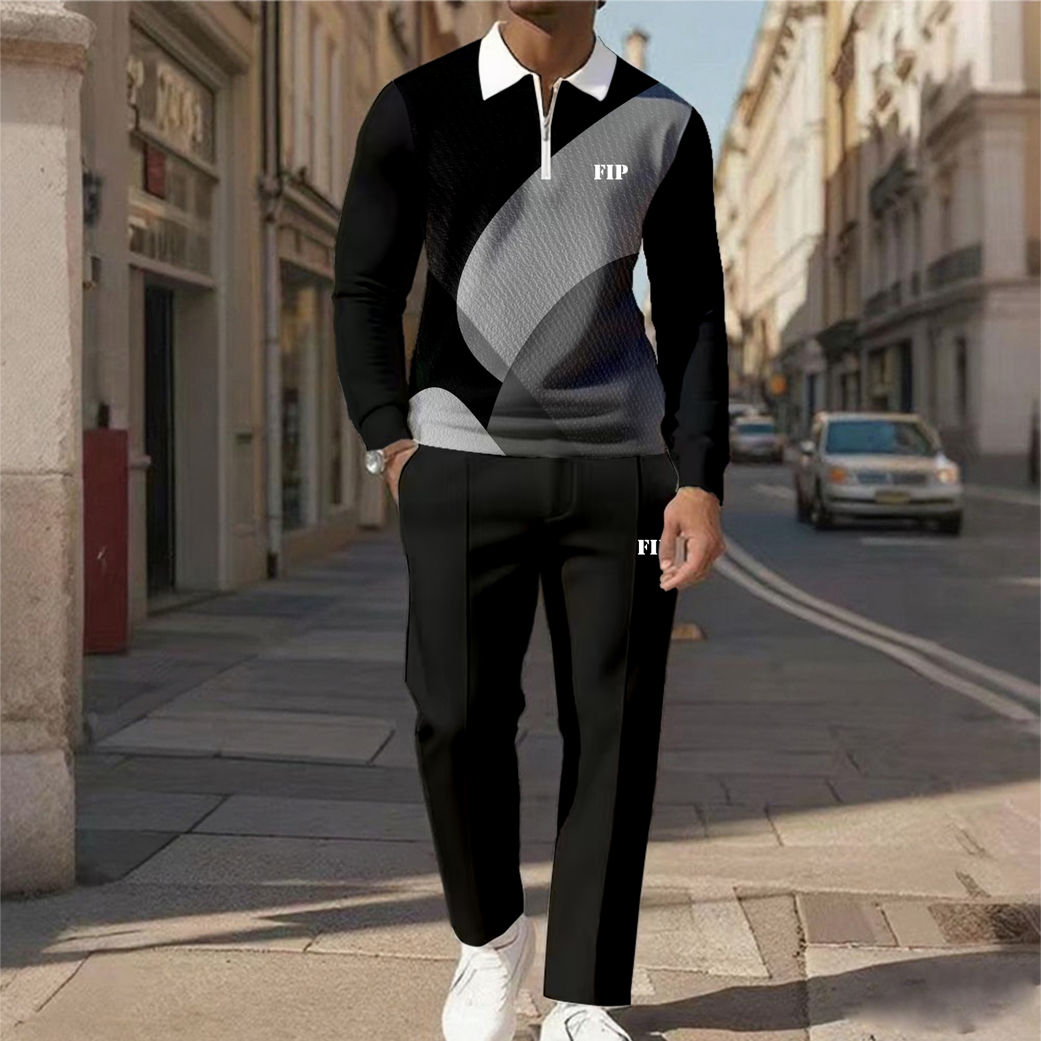 Men's Casual Color Matching Printed Polo-Collar Zipper Long Sleeved Trousers Two-Piece Set 1103