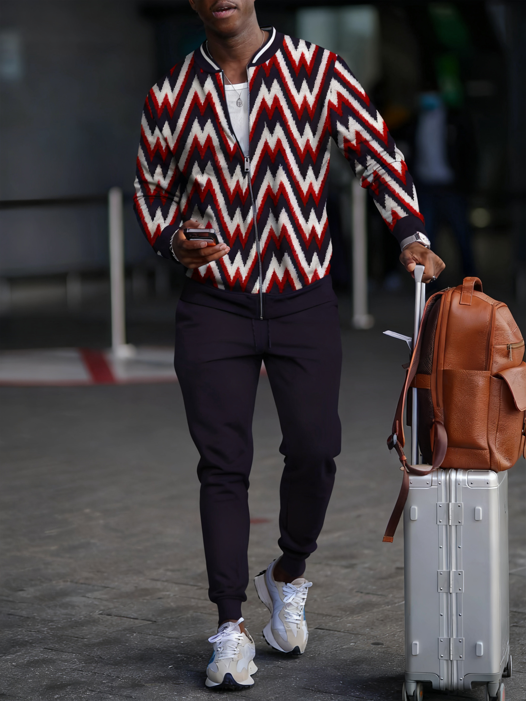 Men's fashion casual geometric print zipper jacket set