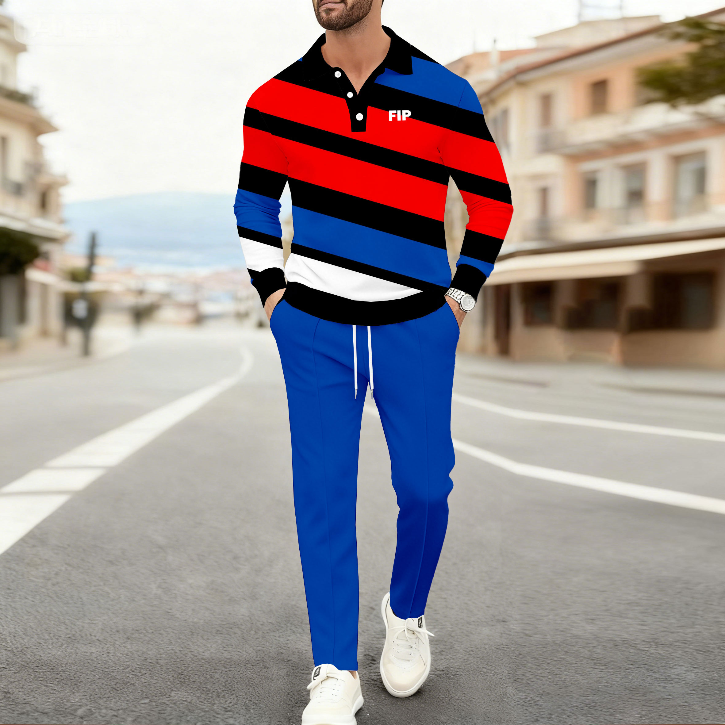 Men's Casual Color Matching Printed Polo-Collar Long Sleeved Trousers Two-Piece Set
