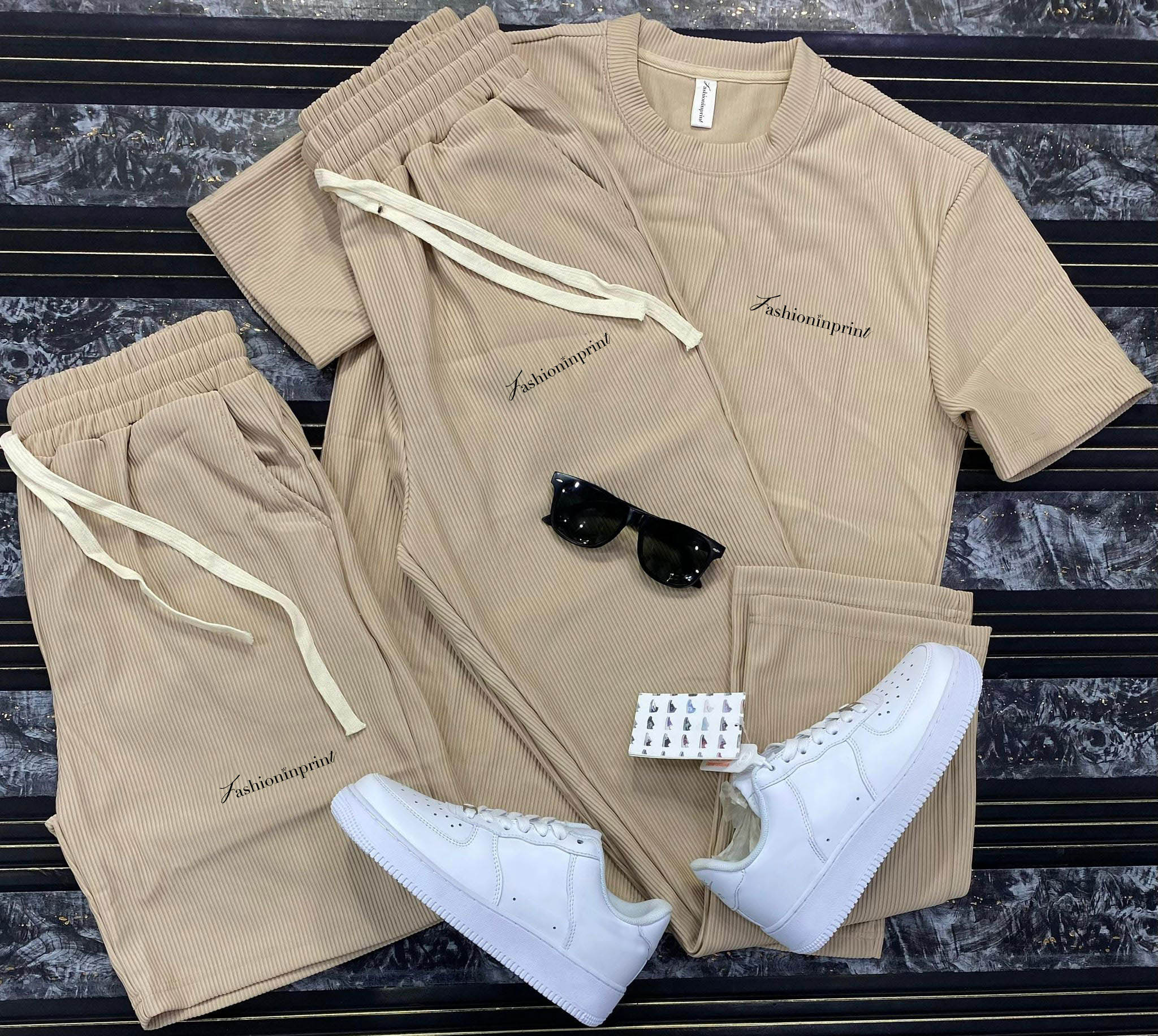 Men's Casual Solid Color Striped Short Sleeves Apricot T-Shirt & Shorts And Pants Three Piece Set