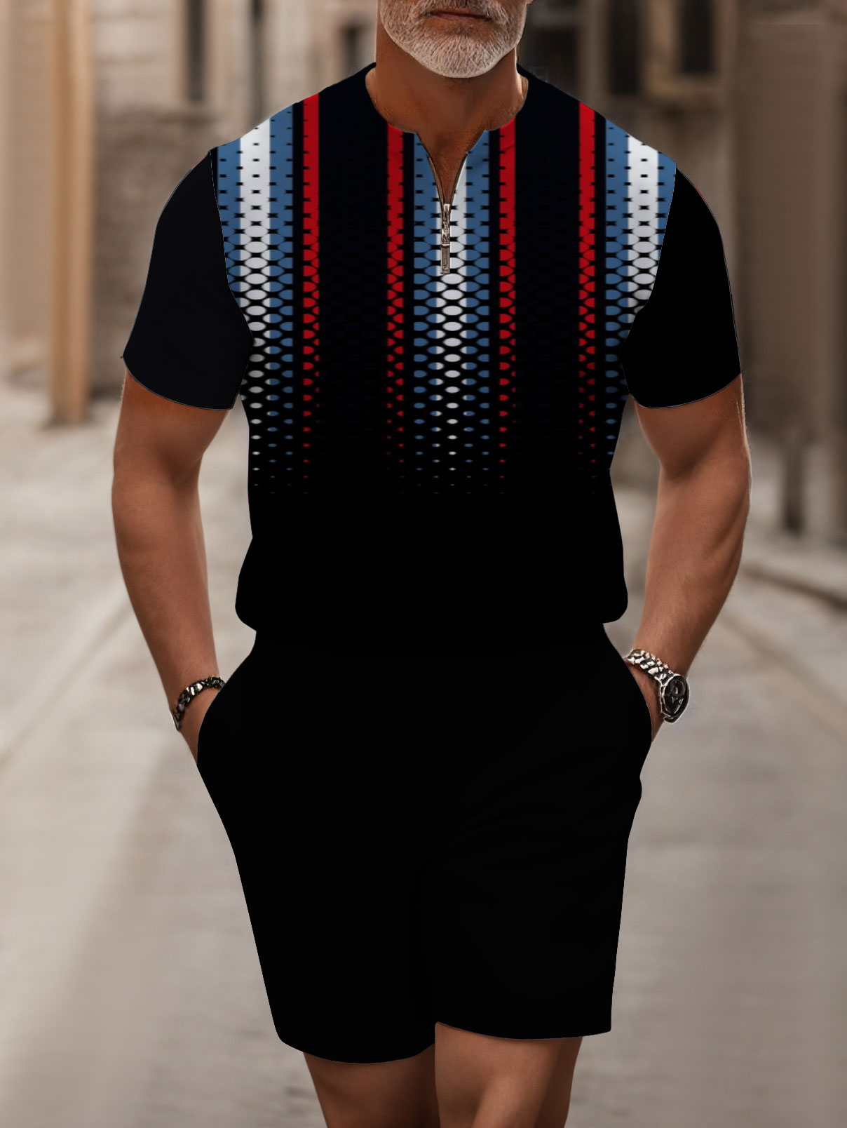 Men's fashion casual round-neck zipper geometric printed short-sleeved two-piece set