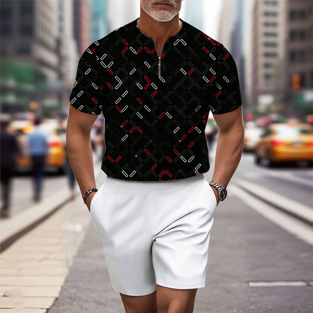 Men's Fashion Casual Round-Neck Geometric Printed Short-Sleeved Two-Piece Set
