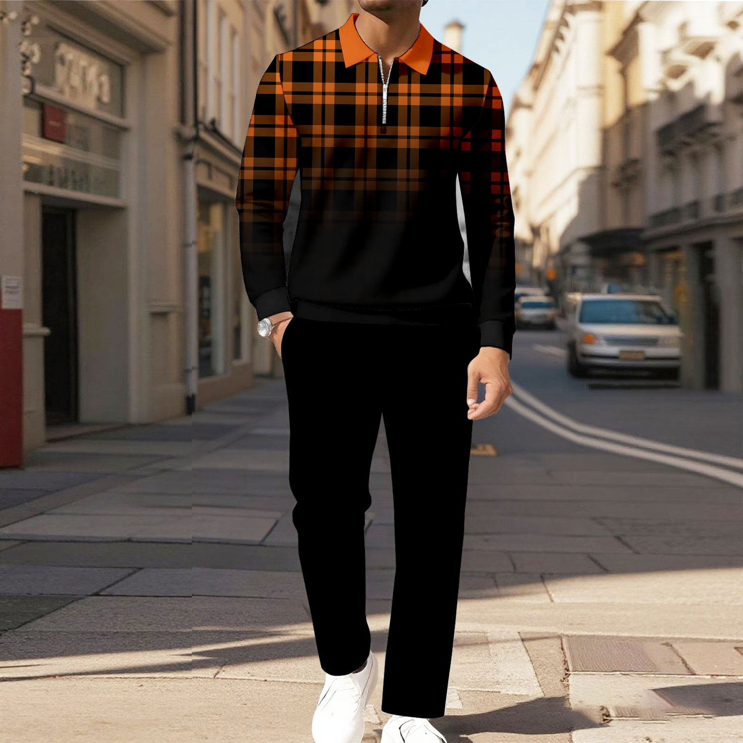 Men's Casual Color Matching Halloween Printed Polo-Collar Zipper Long Sleeved Trousers Two-Piece Set