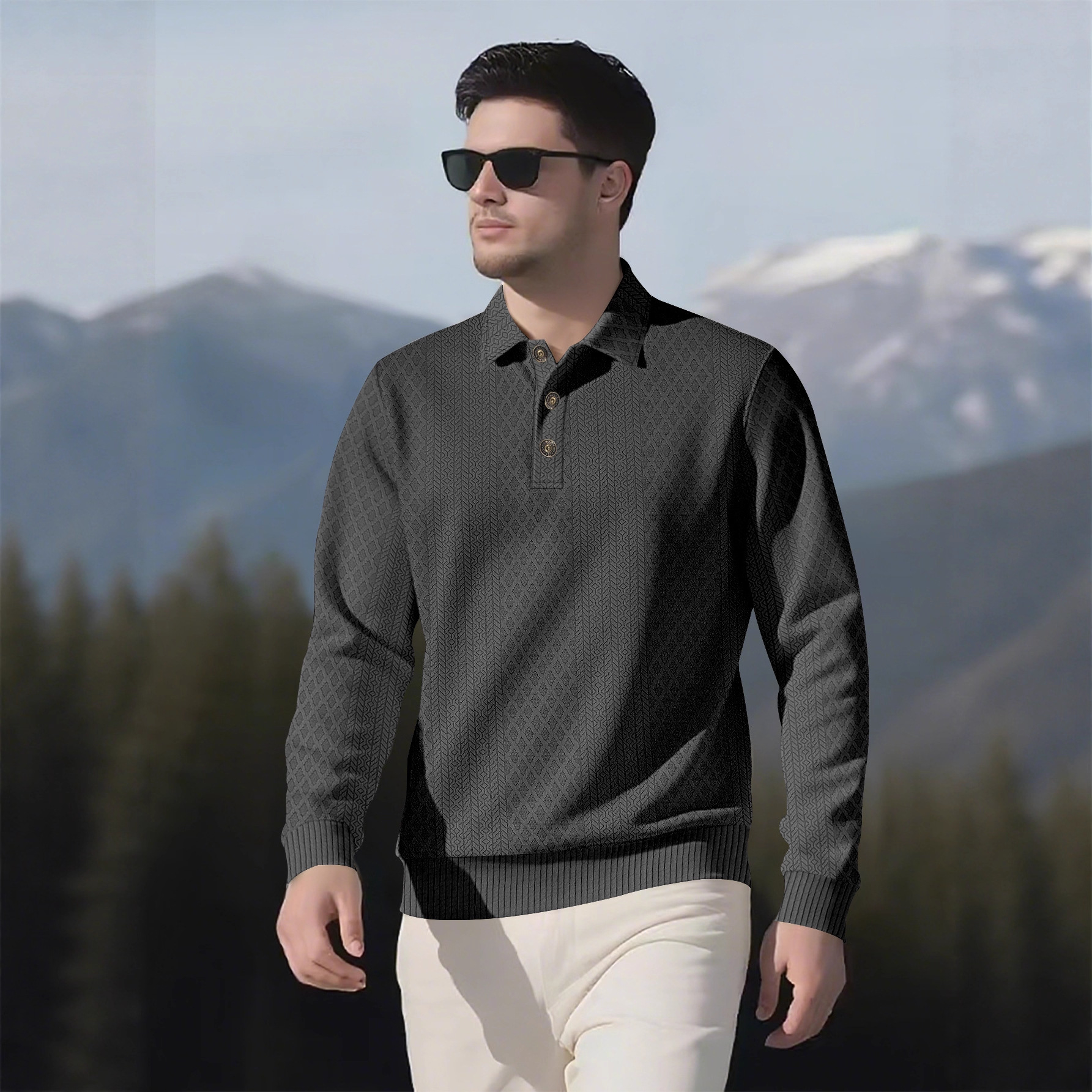 Men's Casual Solid Color Lapel-Collar Long Sleeved Jacquard Polo Shirts