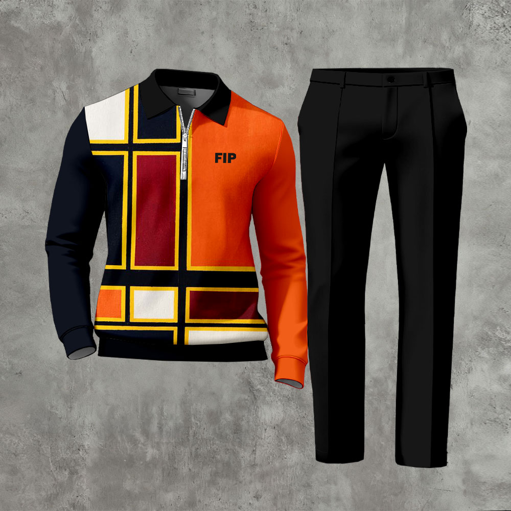 Men's Casual Orange & Black Color Matching Geometric Printed Polo-Collar Zipper Long Sleeved Trousers Two-Piece Set 1222