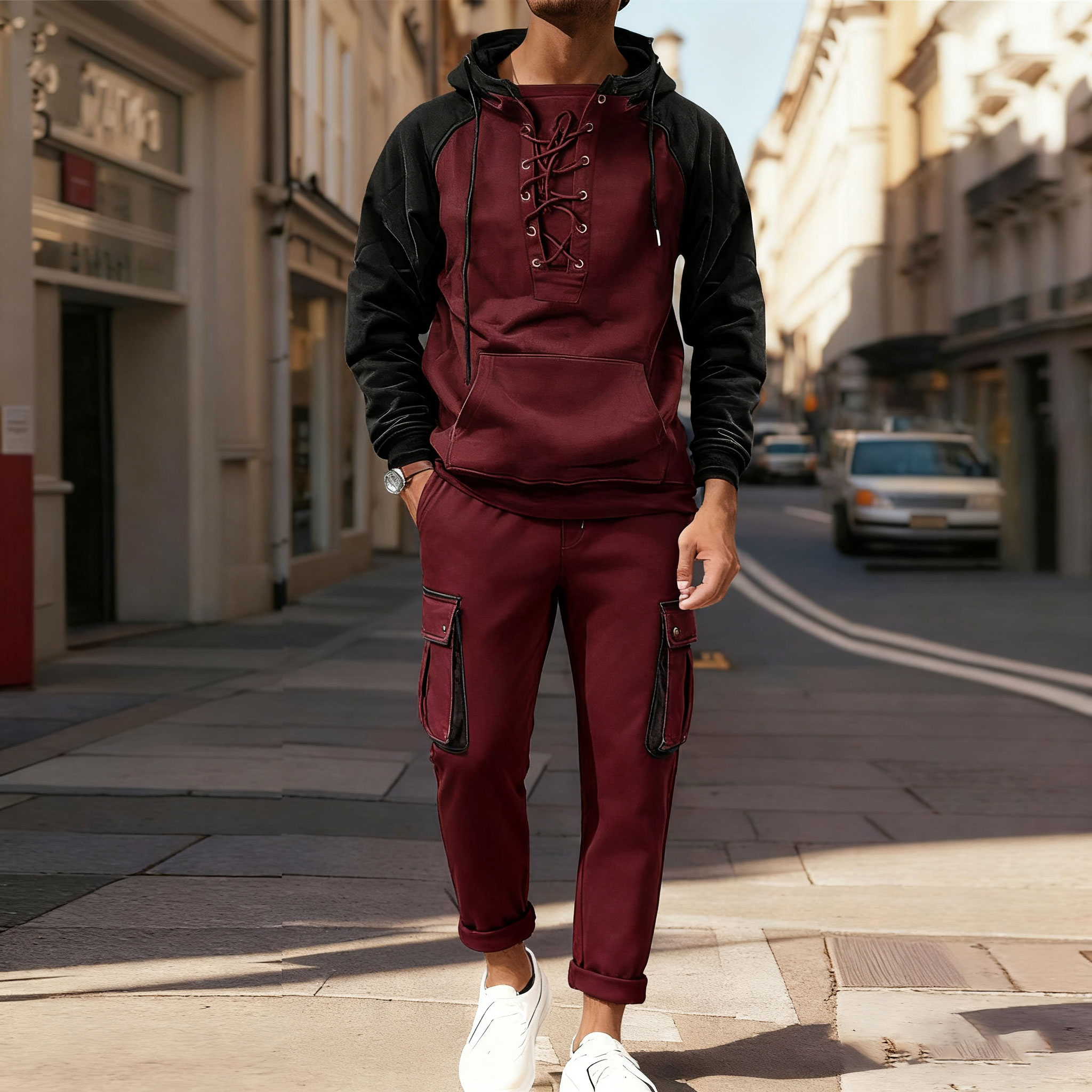 Men's Casual Color Matching Stand-Collar Zipper Long Sleeved Hoodies