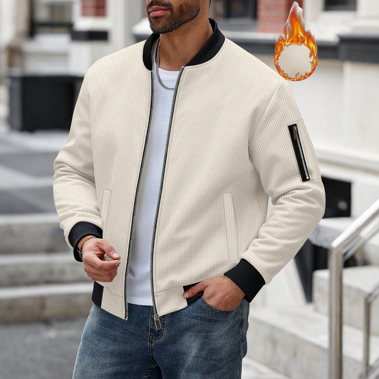 Men's Solid Color Waffle Long Sleeved Jacket