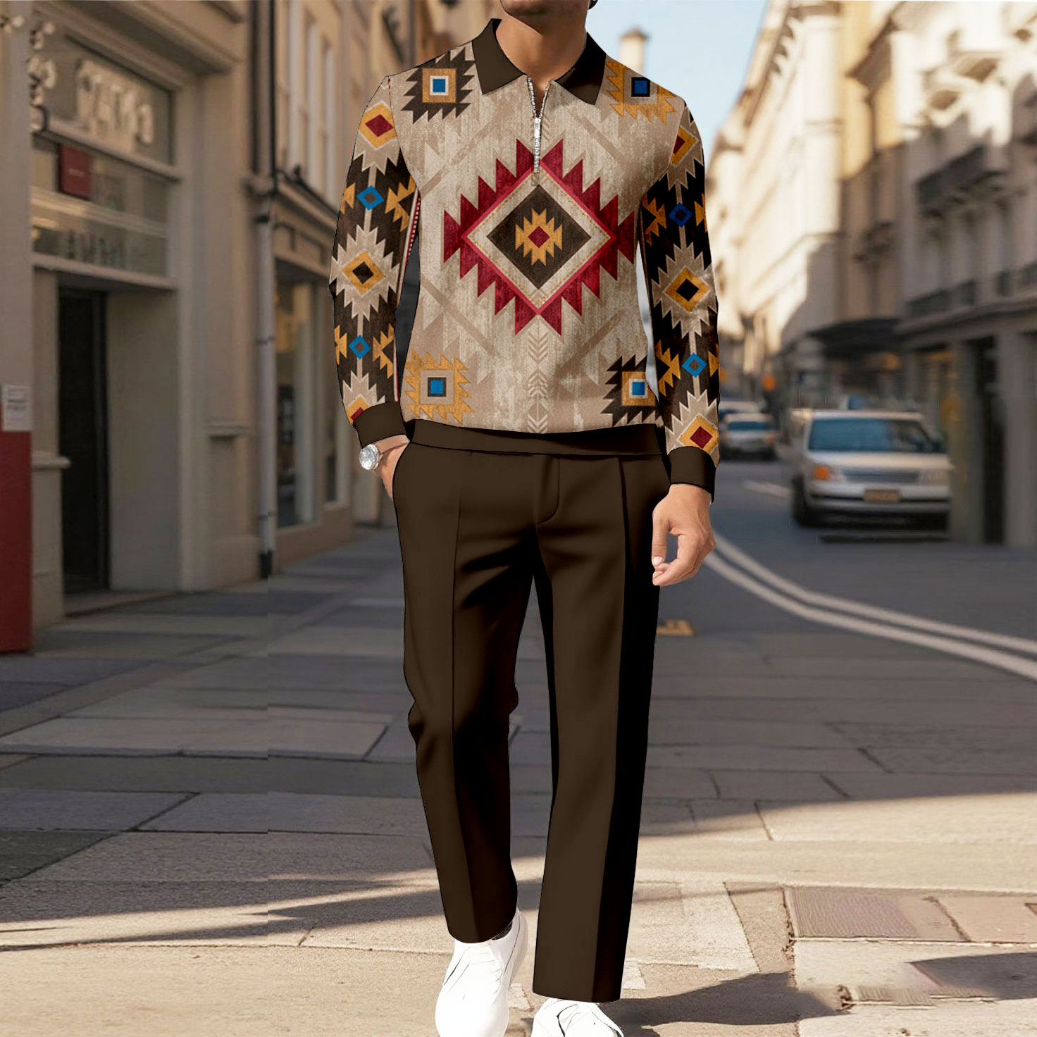 Men's Casual Color Matching Printed Polo-Collar Zipper Long Sleeved Trousers Two-Piece Set 11