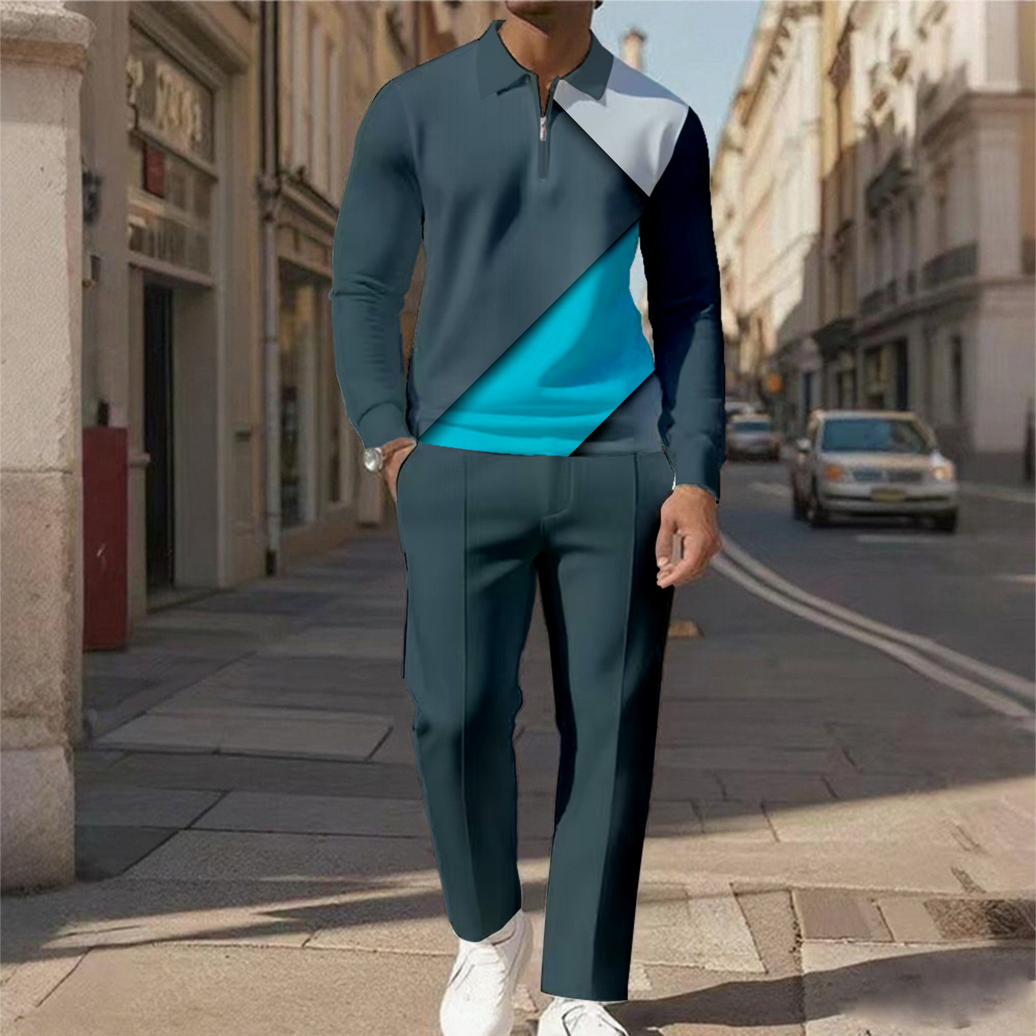 Men's Casual Color Matching Printed Polo-Collar Zipper Long Sleeved Trousers Two-Piece Set 1014