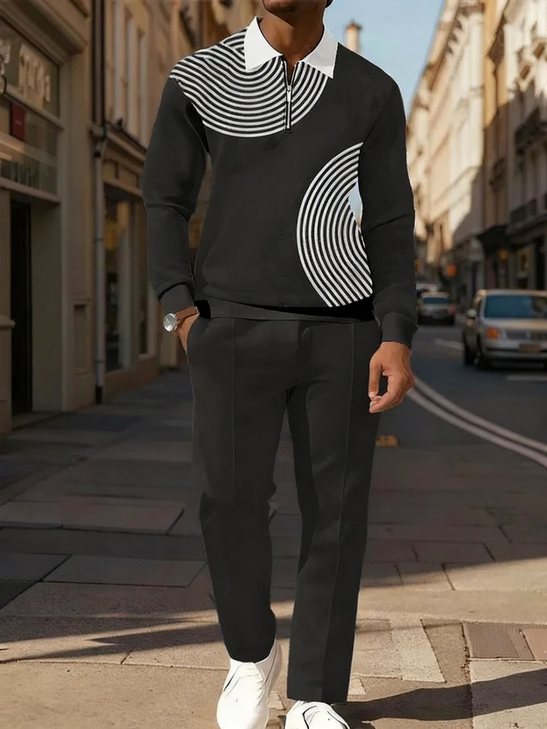 Men's Simple Combination Of Arc Lines Printed POLO Long-sleeved Trousers Two-piece Set