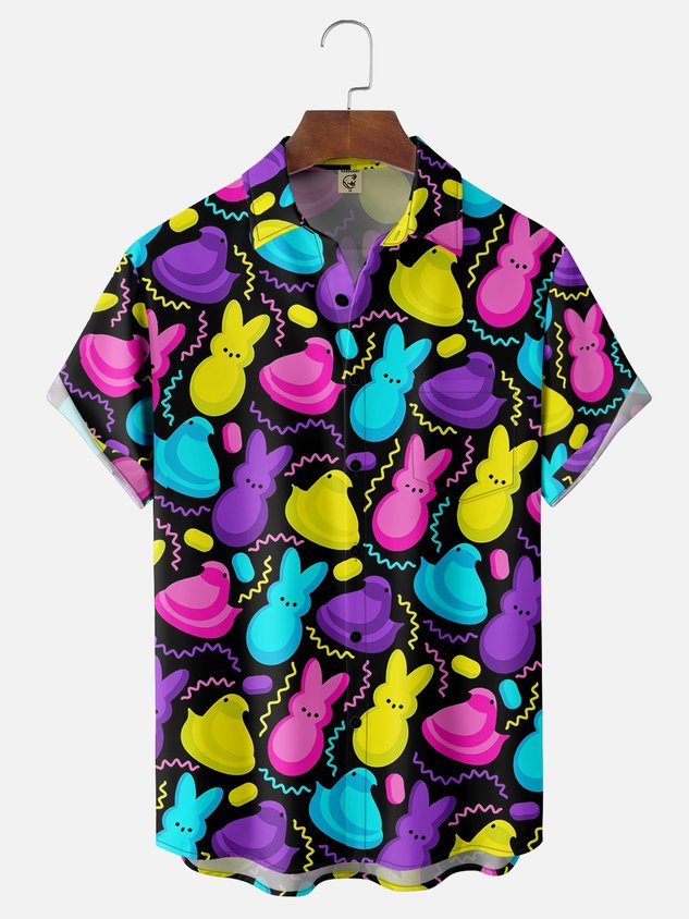 Moisture Wicking Easter Egg Bunny Chest Pocket Hawaiian Shirt