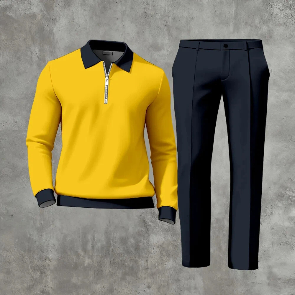 Men's Casual Color Matching Printed Polo-Collar Zipper Long Sleeved Trousers Two-Piece Set 1020