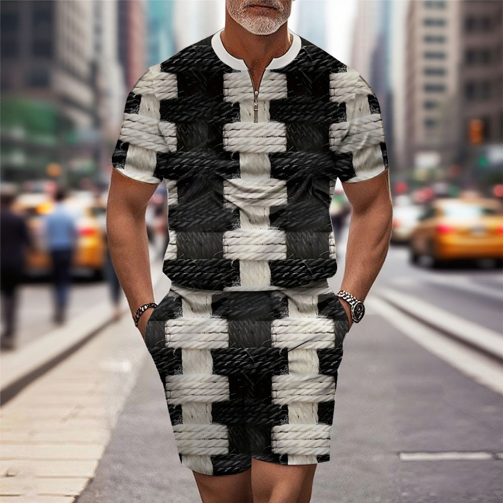 Men's Fashion Casual Round-Neck Geometric Printed Short-Sleeved Two-Piece Set