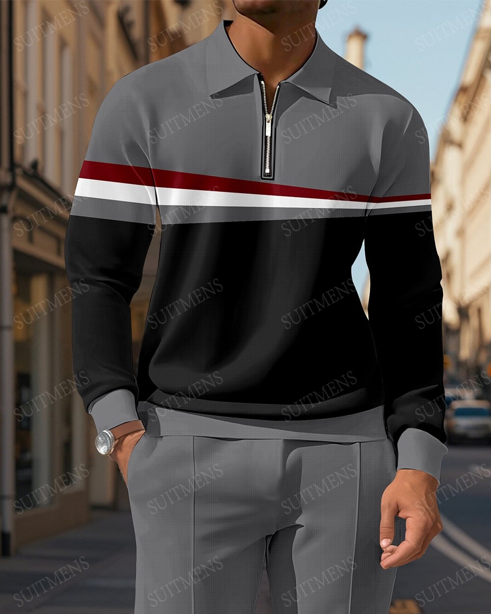 Men's Casual Colorblock Personalized Long Sleeve Polo Shirt Set  0010