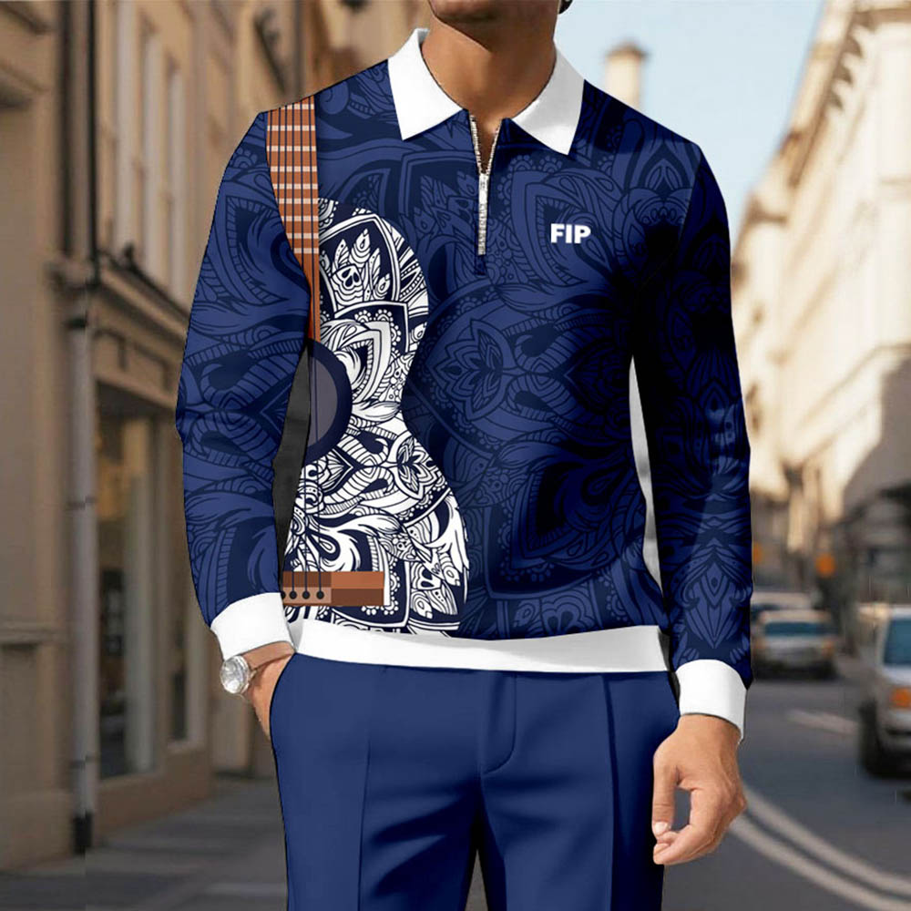 Men's Casual Color Matching Viking Printed Polo-Collar Zipper Long Sleeved Trousers Navy Blue Two-Piece Set
