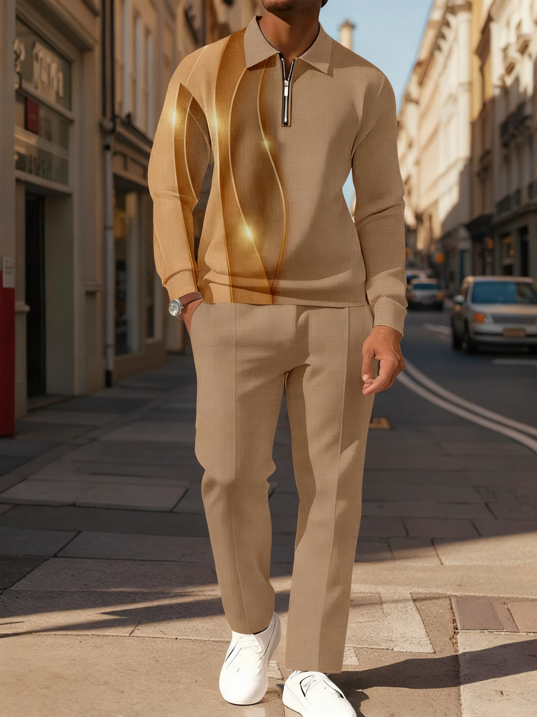 Men's Gradient Casual Long Sleeve Polo Shirt Set 118