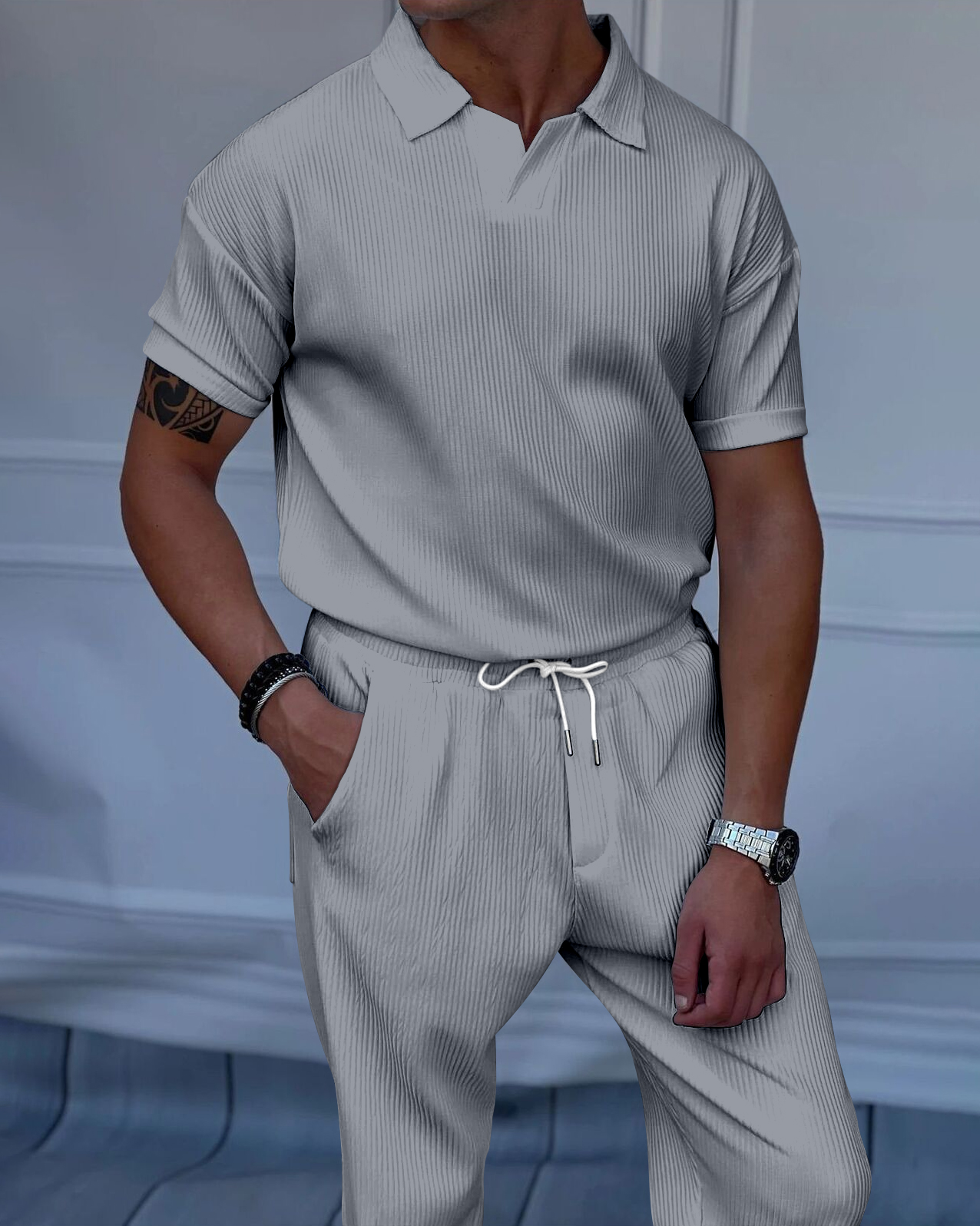 Men's Luxury Casual Textured Polo Short Sleeve Suit - 094